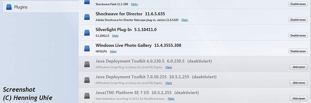 Deaktiviertes Java im Firefox - Screenshot (C) Henning Uhle