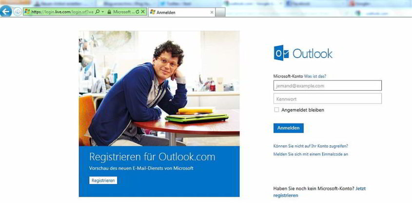 Die Outlook.com-Willkommensseite im Internet Explorer - Screenshot