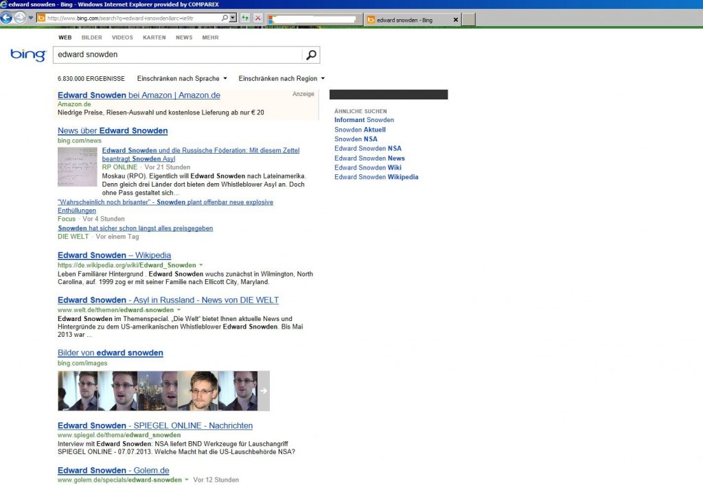 Screenshot der Bing-Suche im Internet Explorer nach "Edward Snowden" als Beispiel