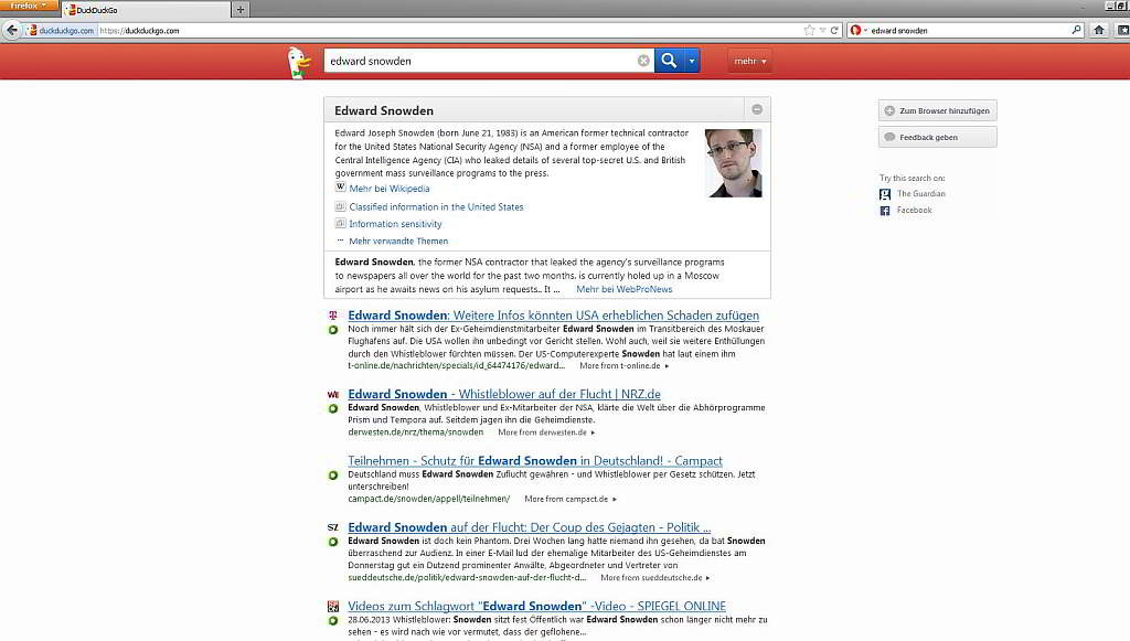 Screenshot der Suche mit der Suchmaschine "DuckDuckGo" aus dem Firefox nach dem Begriff "Edward Snowden" als Beispiel"