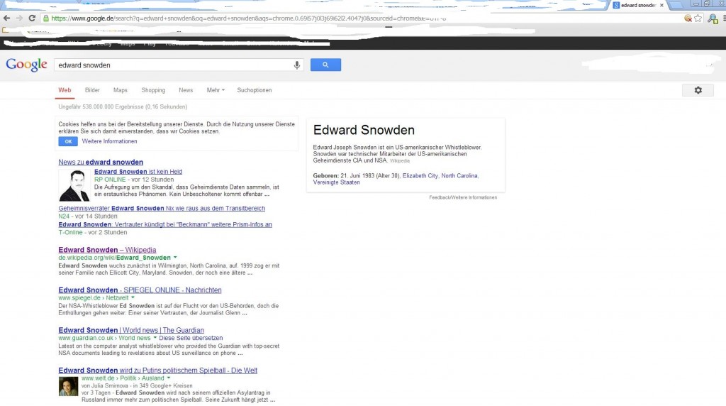 Screenshot der Google-Suche im Google Chrome nach "Edward Snowden" als Beispiel