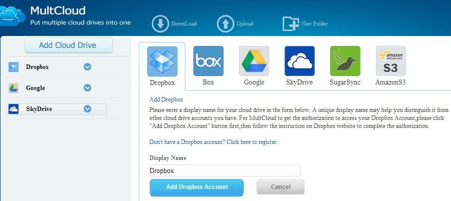 Multcloud mit eingebundenem Dropbox, SkyDrive und GoogleDrive - Screnshot Henning Uhle