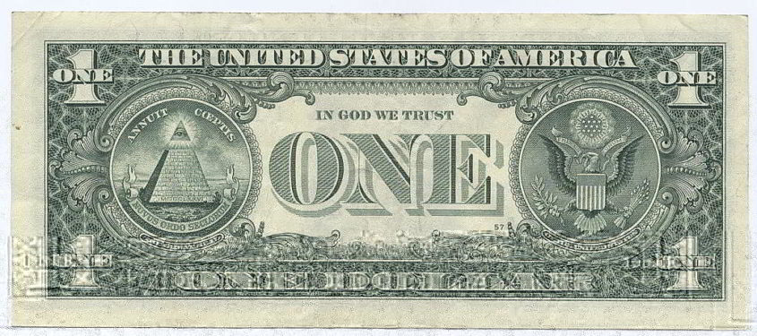 1-Dollar-Note der USA mit einer 13-stufigen Pyramide und dem allsehenden Auge - Public Domain Picture via Wikimedia Commons