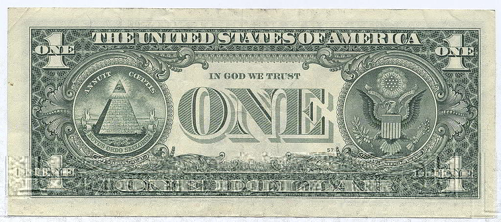 1-Dollar-Note der USA mit einer 13-stufigen Pyramide und dem allsehenden Auge - Public Domain Picture via Wikimedia Commons
