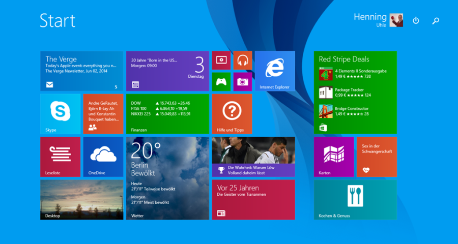 Kacheloberfläche bei Windows 8.1 - Screenshot Henning Uhle
