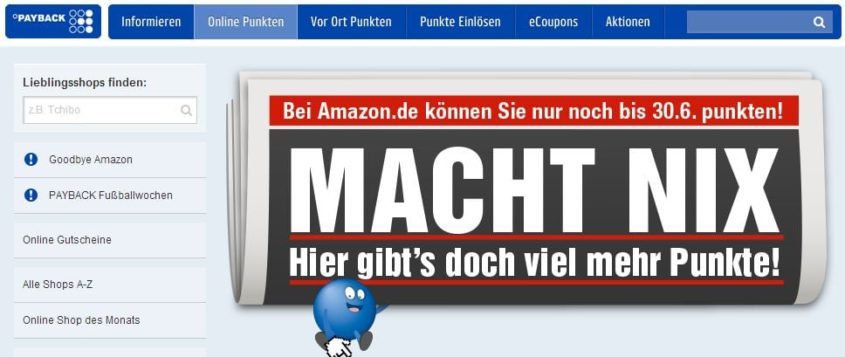 Payback informiert, dass Amazon kein Partner mehr ist - Screenshot von payback.de