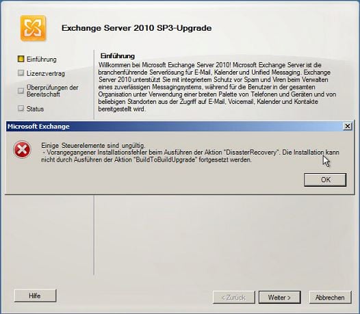 Exchange Server 2010 SP3-Upgrade mit Fehler - Screenshot Henning Uhle