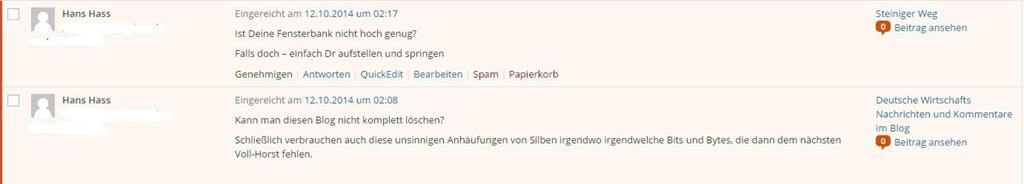 Troll-Kommentare von "Hans Hass" - Screenshot aus WordPress Henning Uhle