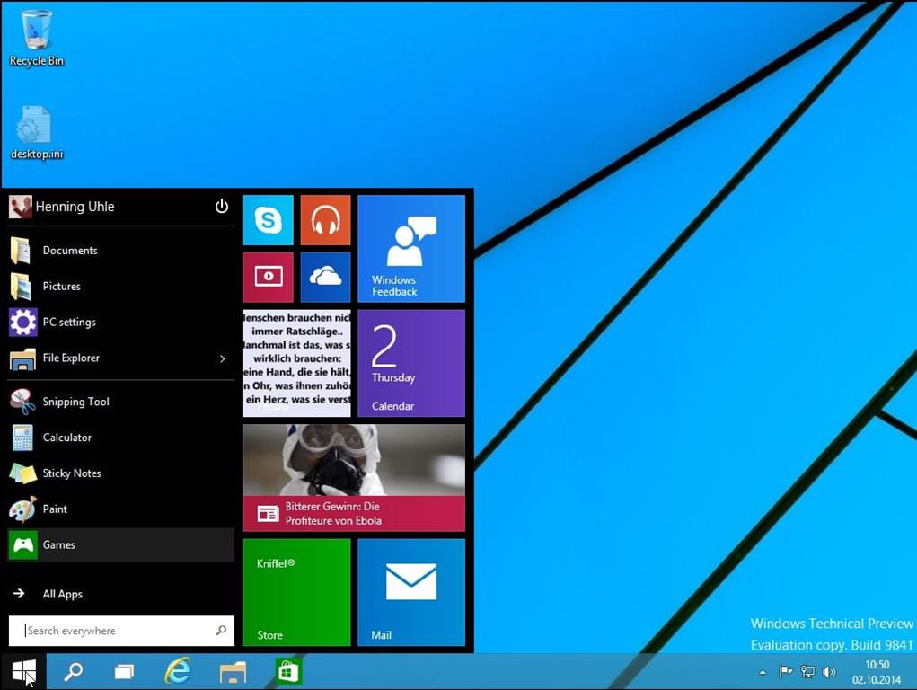 Desktop von Windows 10 - Screenshot Henning Uhle