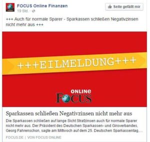 FOCUS Eilmeldung zur Sparkasse - Quelle: Facebook