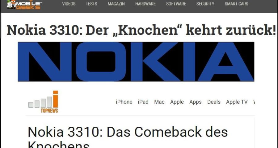 NOKIA - Montage aus Screenshots von Mobilegeeks.de und iTopNews.de, sowie Logo der NOKIA Corportation, Public Domain via Wikimedia Commmons