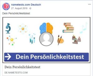 Persönlichkeitstests von nametests.com stehen im Verdacht, missbraucht worden zu sein, um Daten auszuspionieren - Screenshot