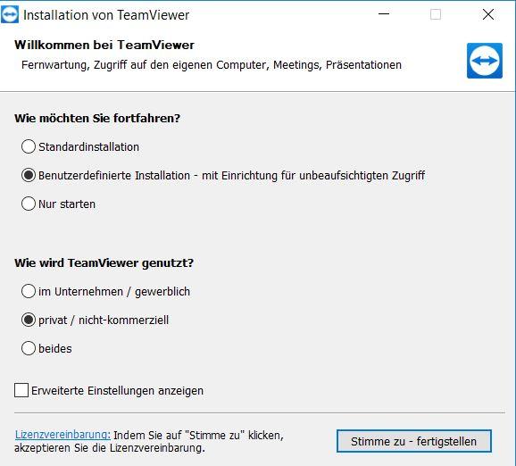 Den TeamViewer installert man gleich so, dass wir ihn nicht kommerziell nutzen