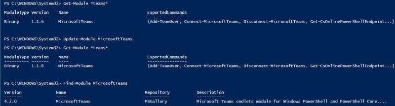 Zwischen verfügbarem (Find-Module) und installiertem Modul (Get-Module) der Teams PowerShell besteht ein Unterschied